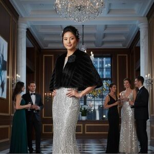 Ice brand Elegant Black Faux Fur Women Shawl.